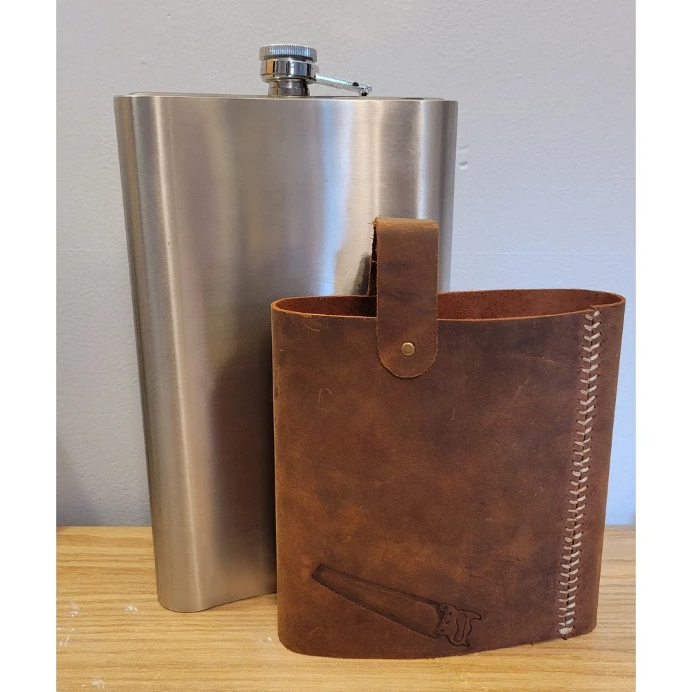 Giant 64oz Stainless Steel Flask with Removable Leather Wrap Saw Embossed Brown